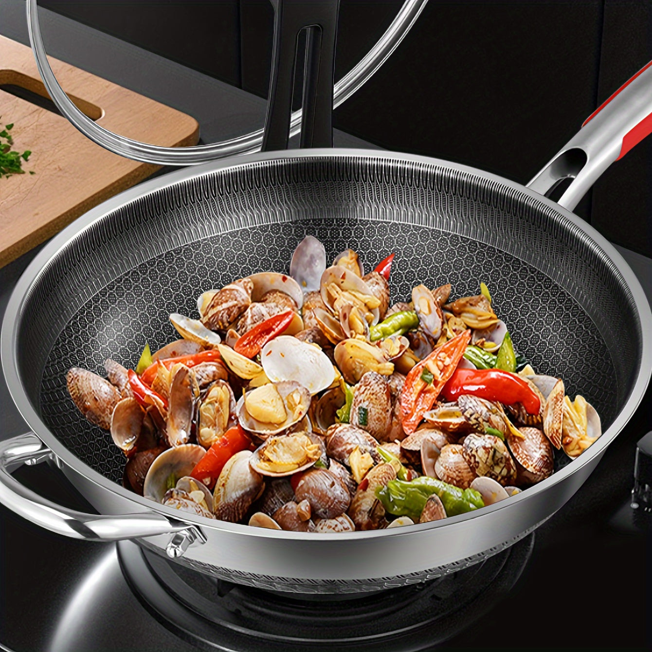 Stainless Steel Wok with Glass Lid Non-Stick Honeycomb Design Induction Gas Compatible