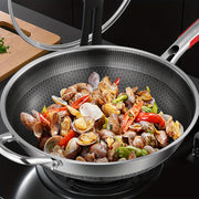 Stainless Steel Wok with Glass Lid Non-Stick Honeycomb Design Induction Gas Compatible