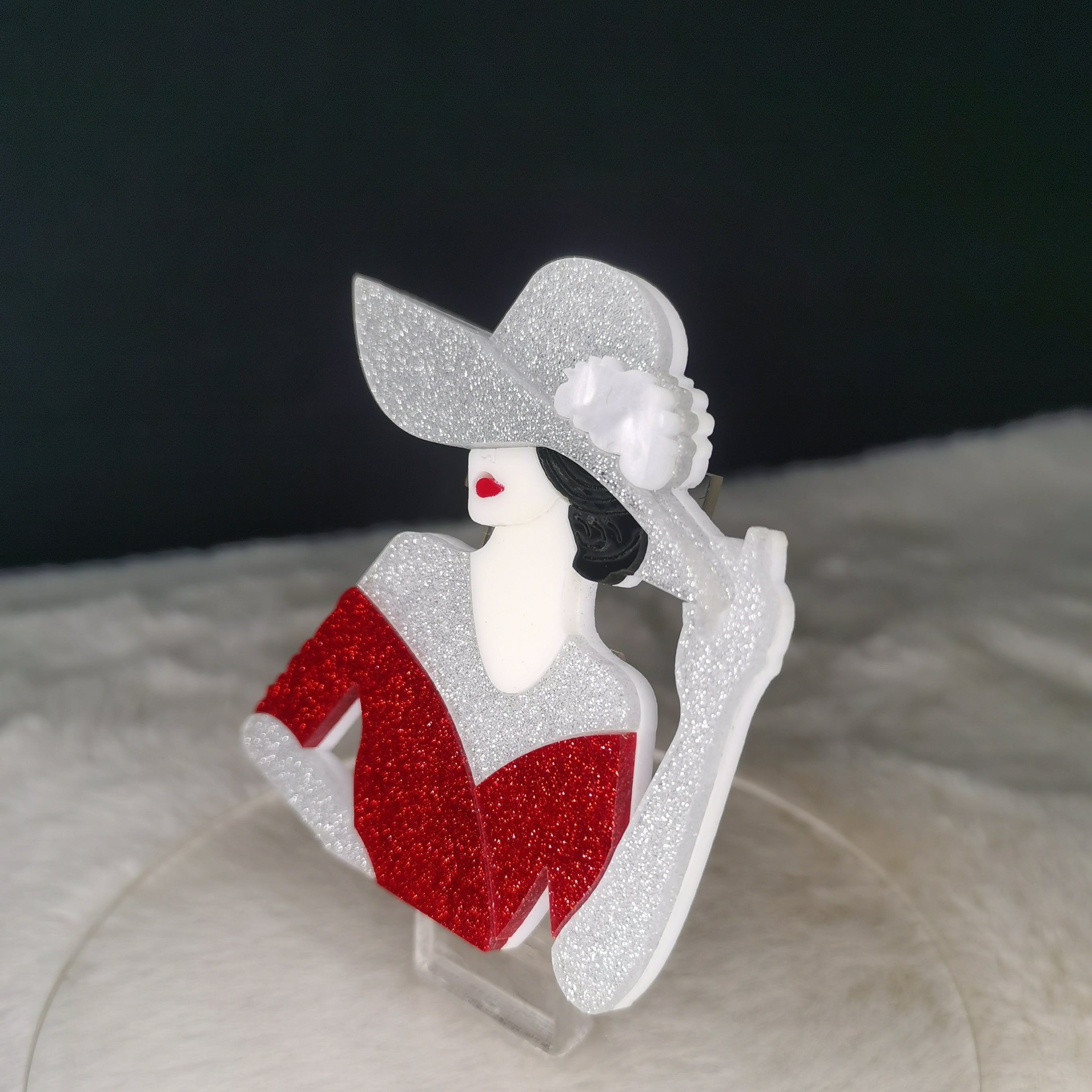 Vintage Fashion Ensemble with Silver Big Hat and Red Skirt