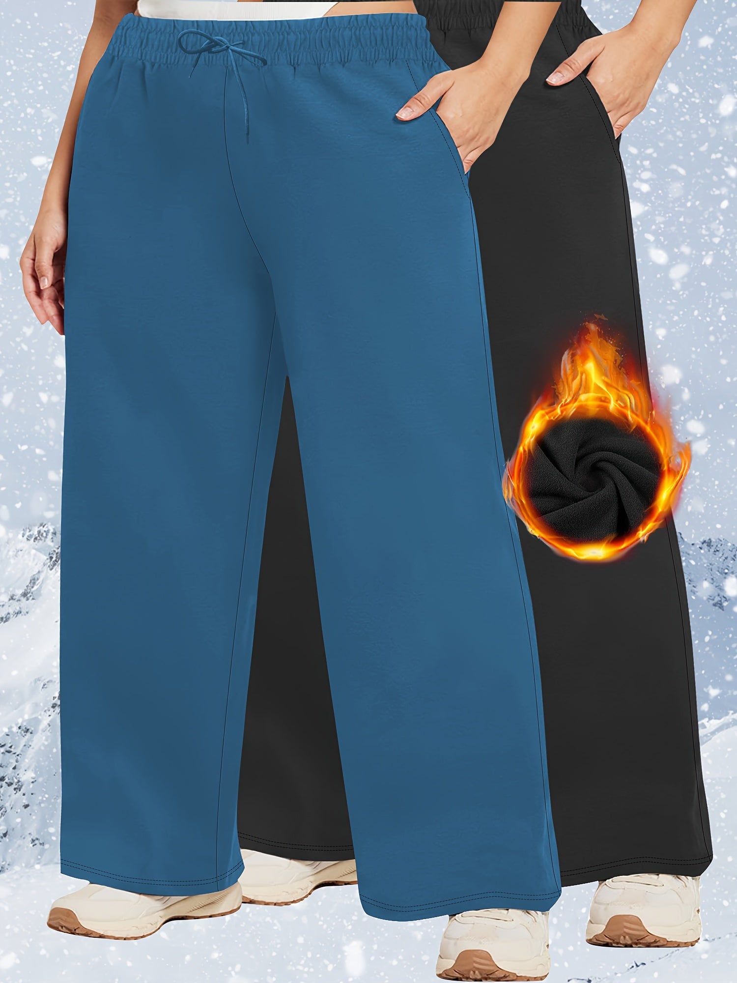 Plus Size Fleece-Lined Sweatpants for Women Solid Color Warm Activewear