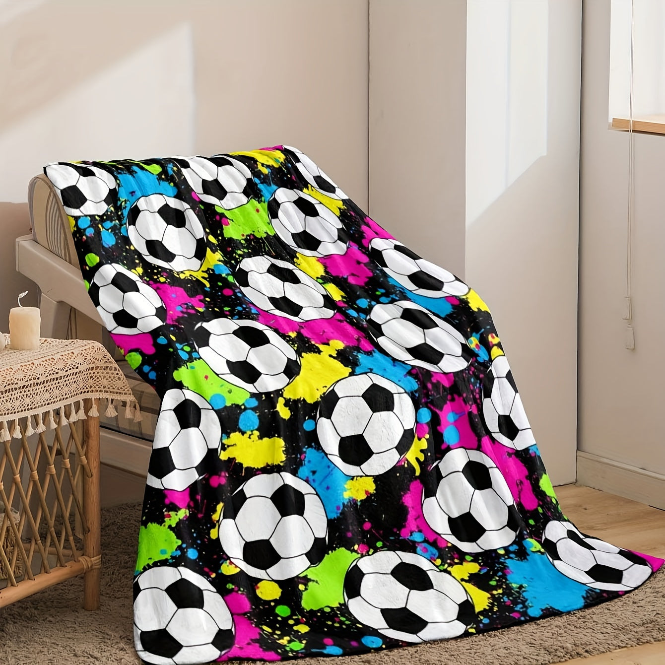 Reversible Flannel Fleece Blanket with Soccer Ball Print for Bed Sofa Use