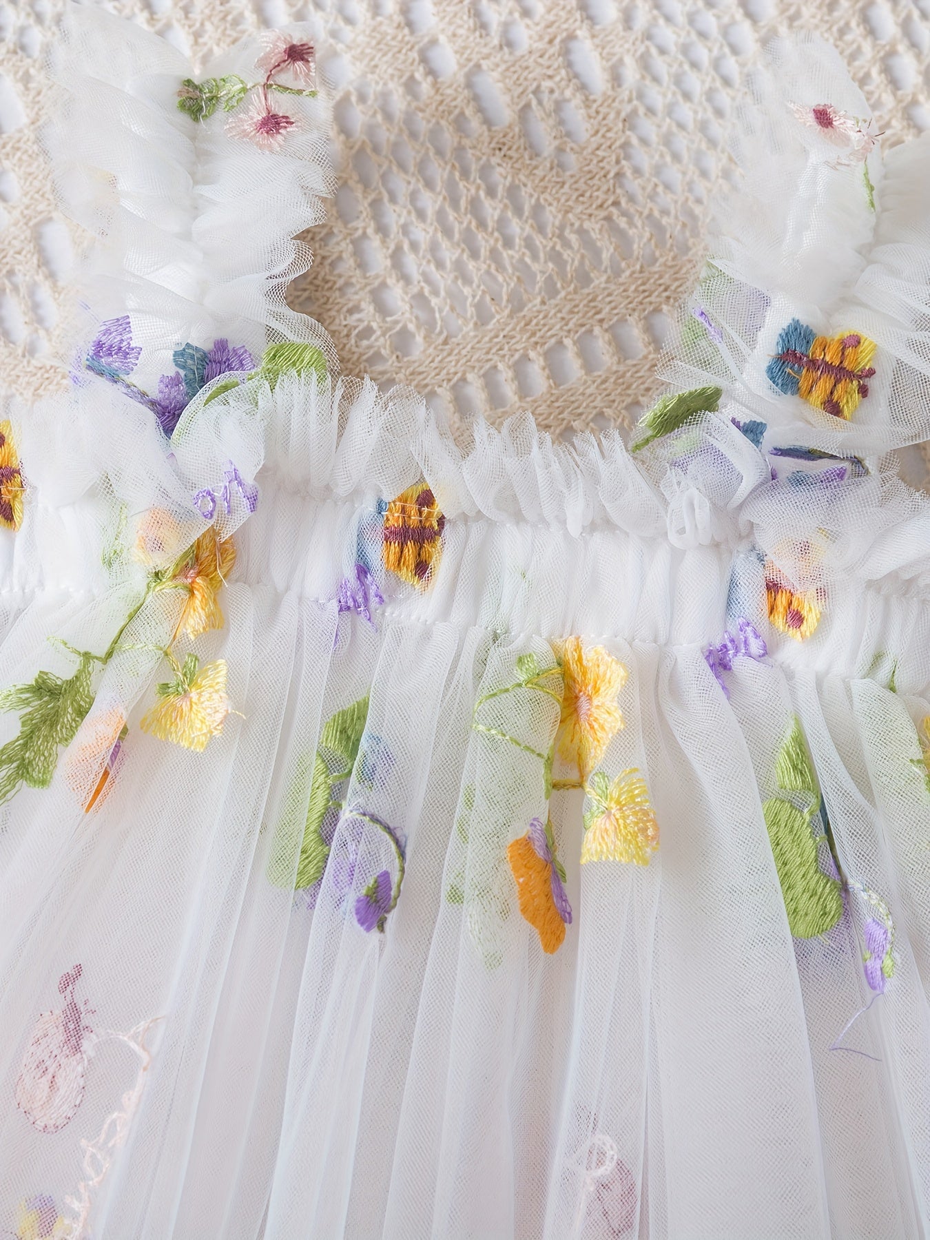 Baby Girl Sleeveless Mesh Dress with Flower Embroidery for Summer Birthdays
