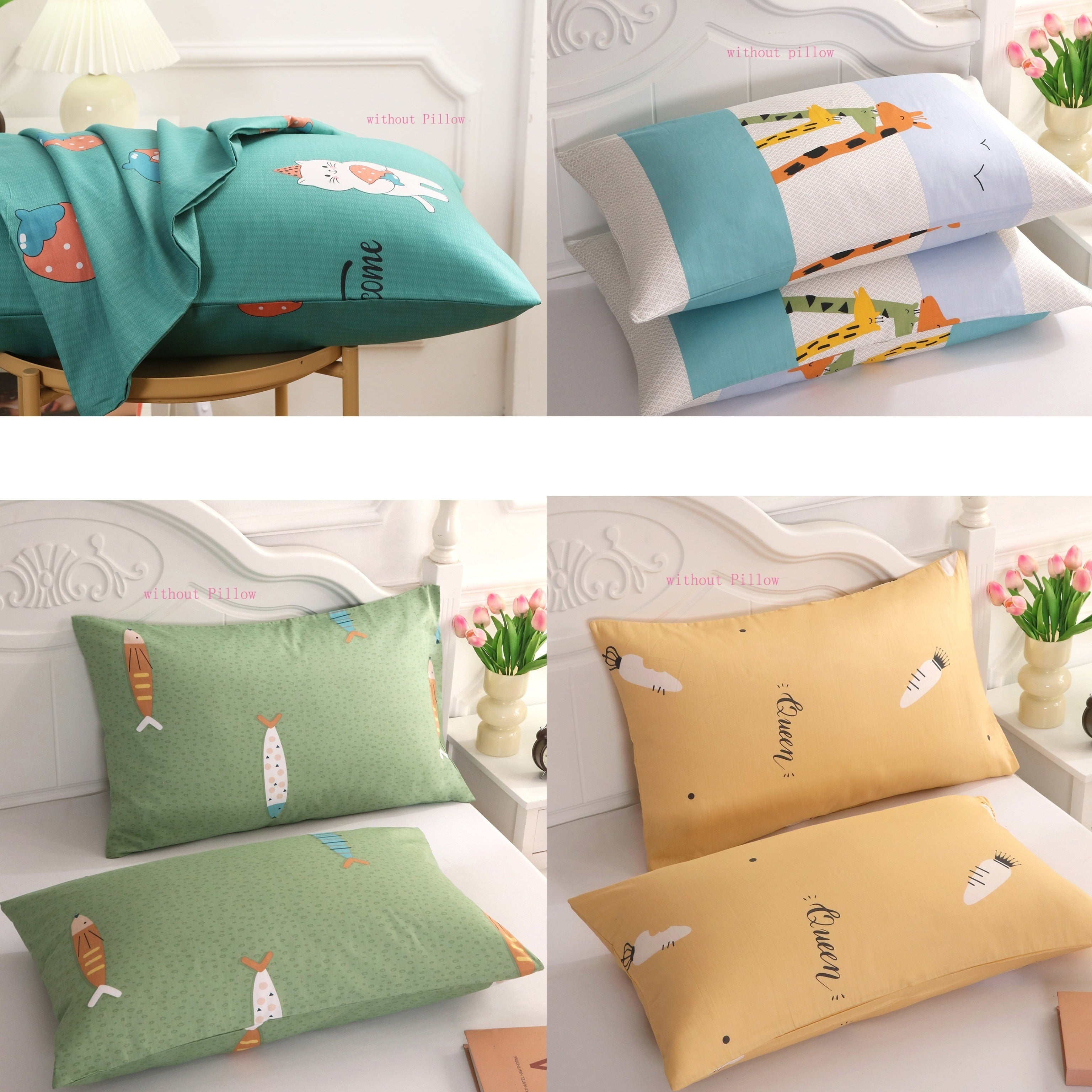 Set of 2 Cotton Pillowcases with Cartoon and Nature Designs, Breathable, Easy to Clean