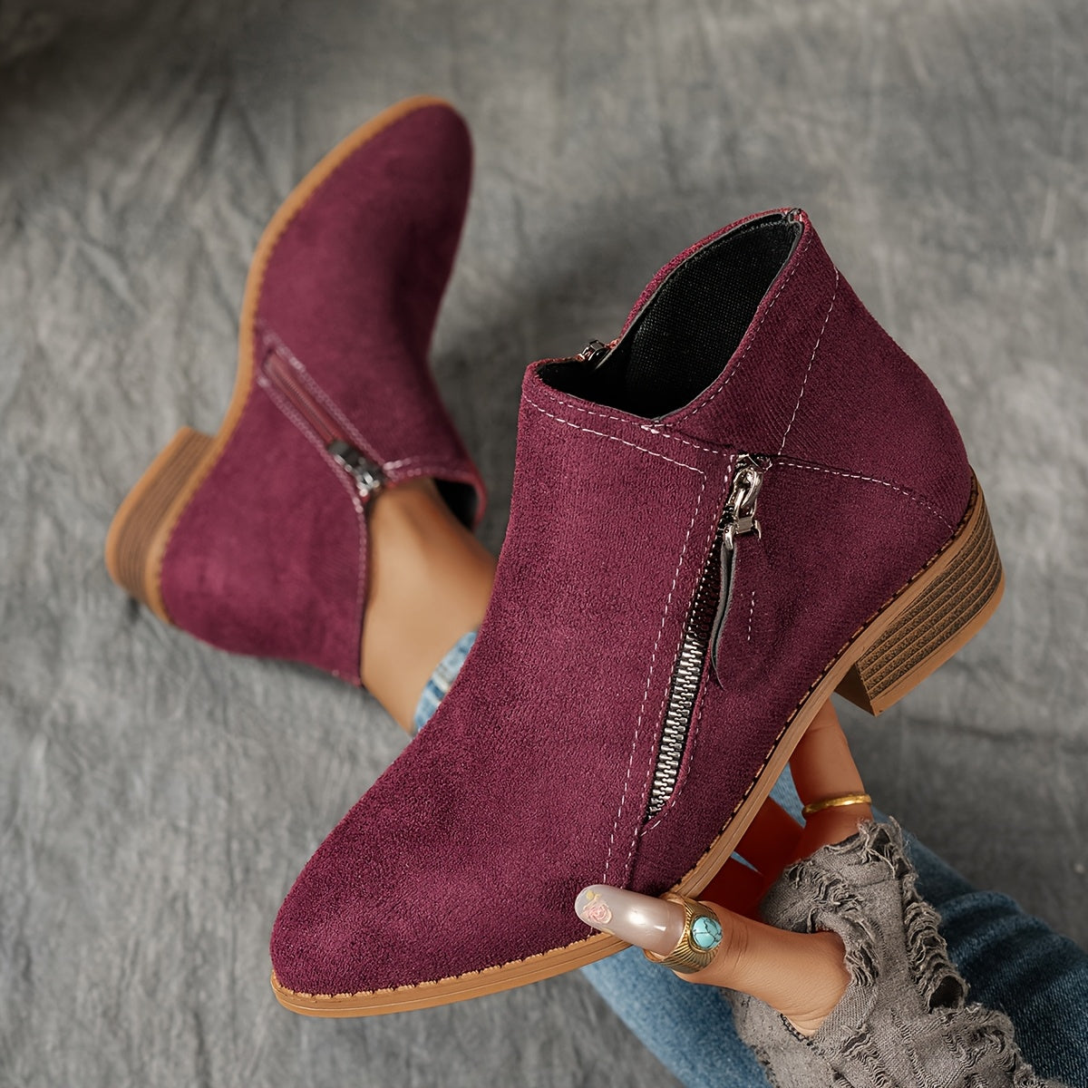 Women Velvet Ankle Boots Solid Color Chunky Heel Side Zipper Pointed Toe
