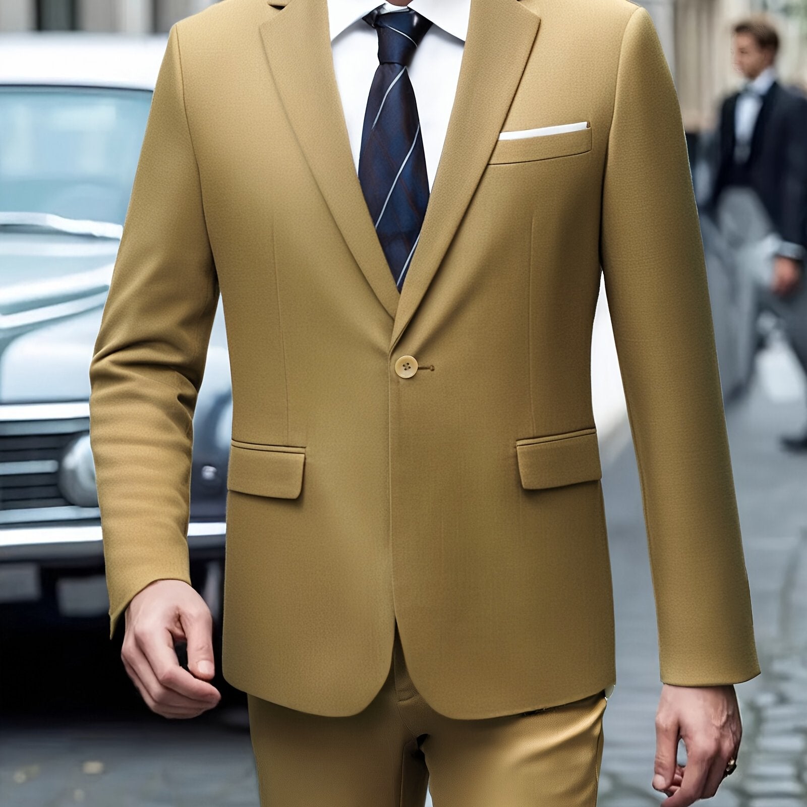 Bir xil rangdagi erkaklar kostyumi, muhrlangan cho'ntaklar, oddiy kesimli shimlar, biznes va to'ylar uchun mukammal.