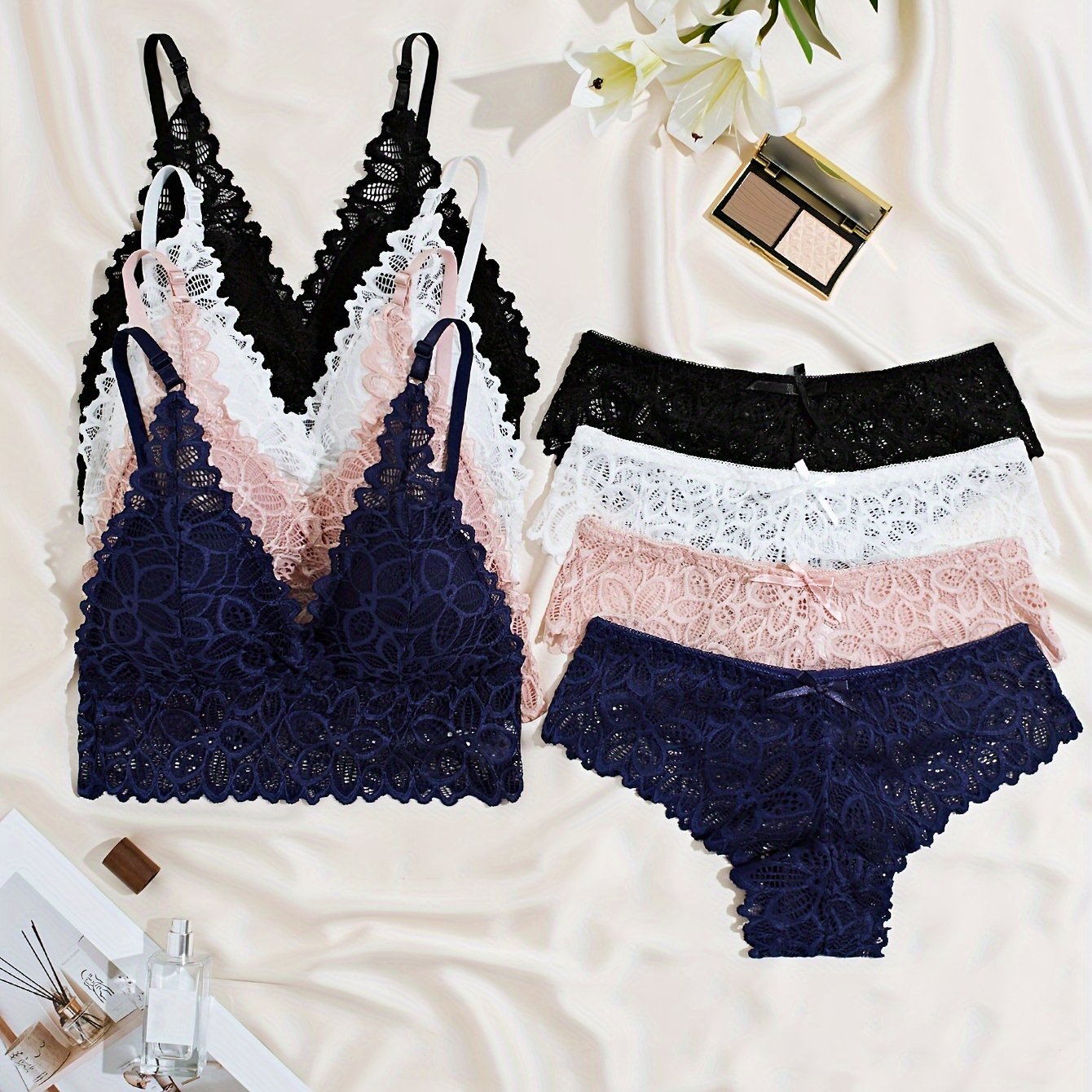 Women's Lace Lingerie Sets in Black Pink Navy White Sizes S M L