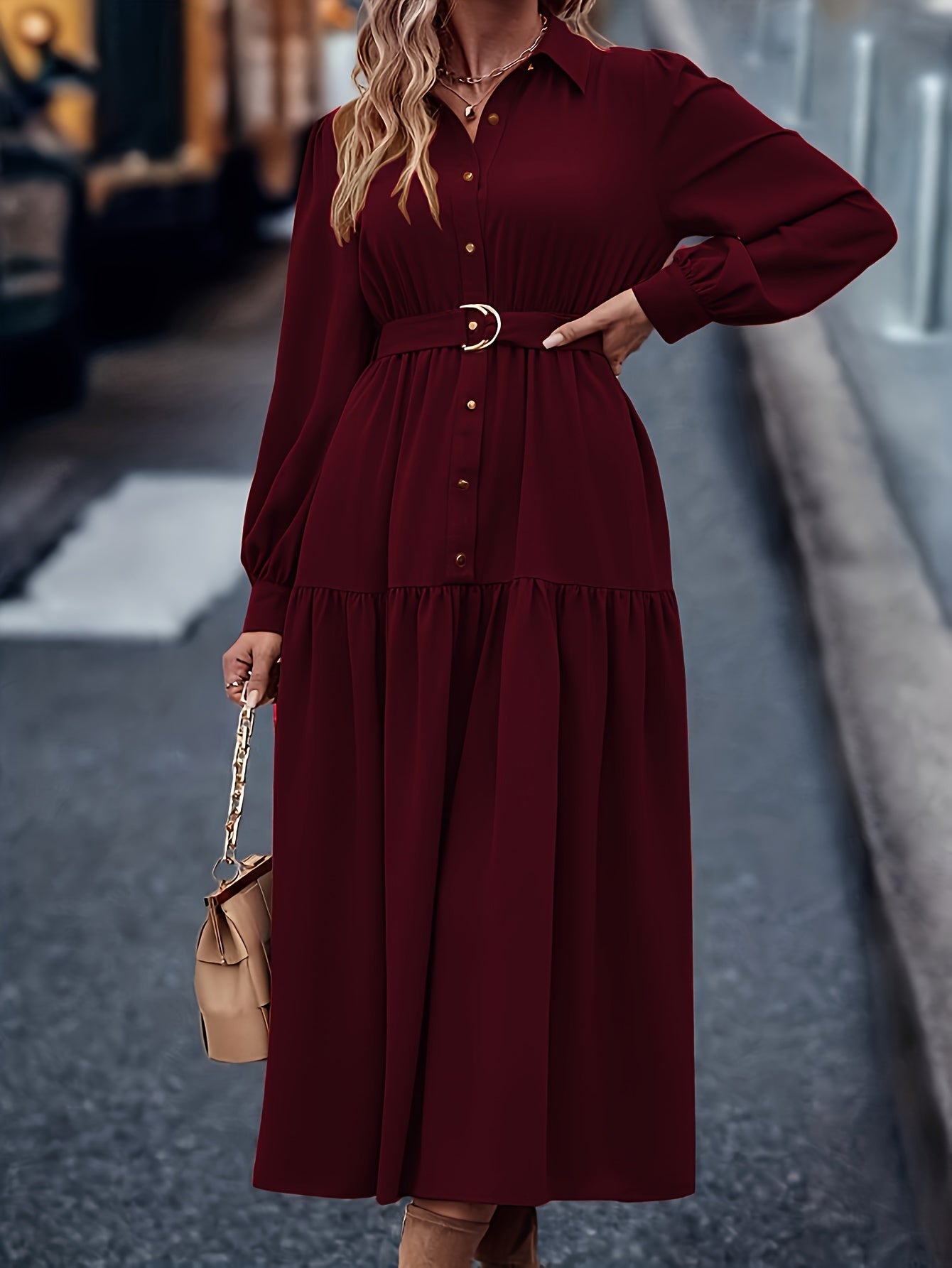 Women's Middle Eastern Style Polyester Shirt Dress with Lantern Sleeves and Ruffled Hem for Spring Fall
