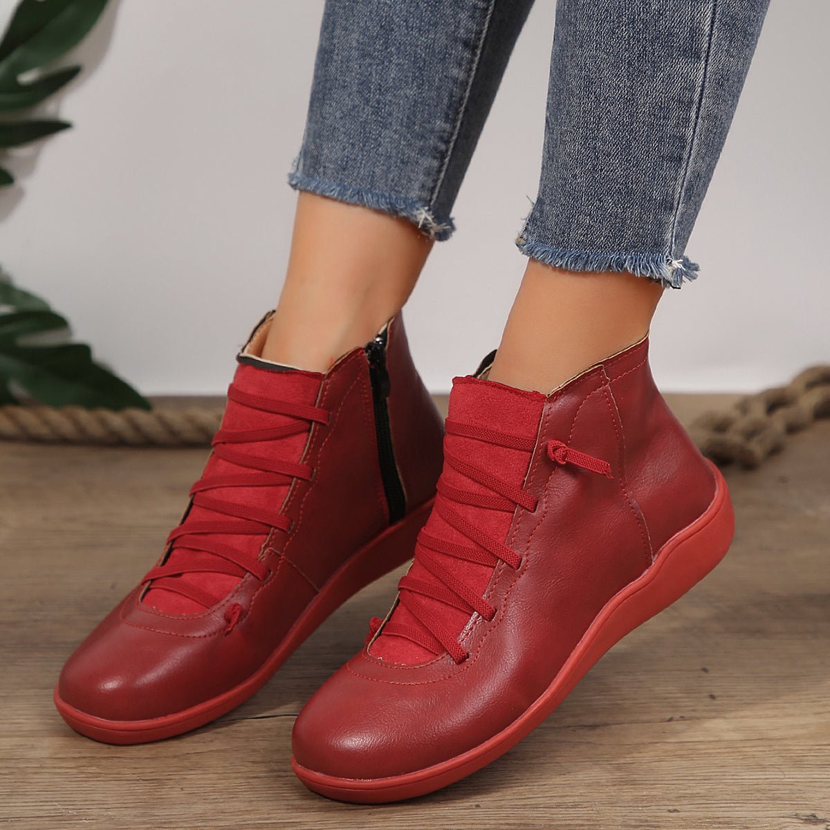 Women Ankle Boots Synthetic Leather Non-Slip Flat Heel Casual Autumn