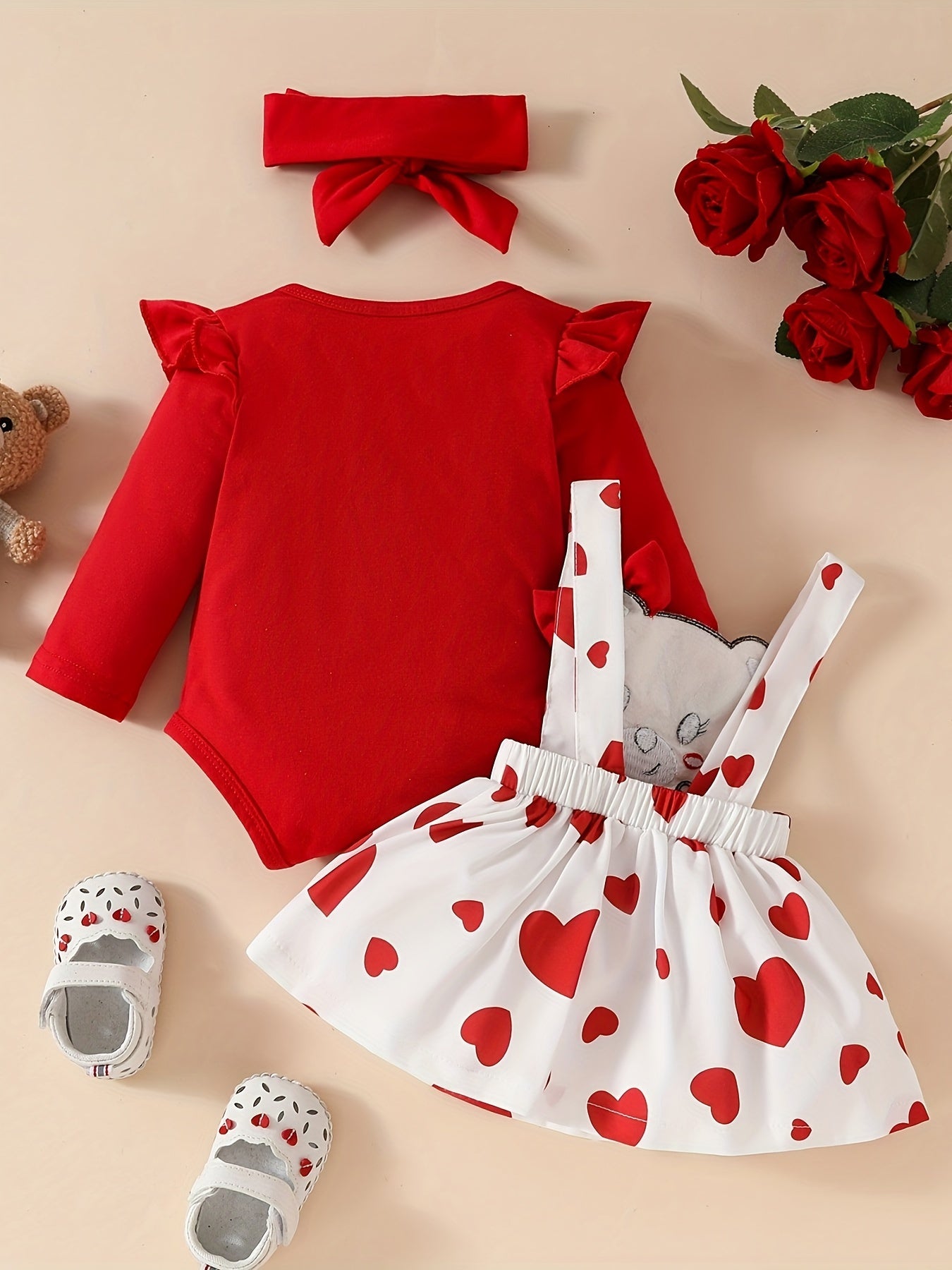 Girls' 0-1 Years Outfit Set Long Sleeve Dress with Bear Doll Design and Umbrella Skirt