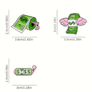 Set of 3 Angel Wings Enamel Pins with Money Dollar Design, Fashion Brooches for Women