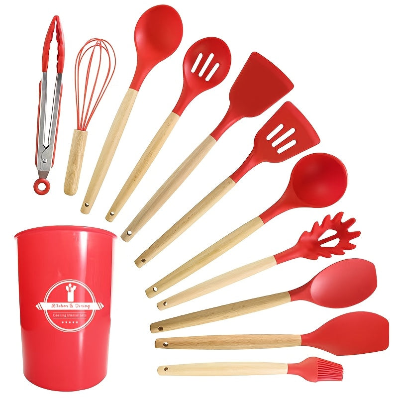 Silicone Kitchen Utensil Set 12 Pieces Non-Stick Food-Safe Cooking Tools with Wooden Handles