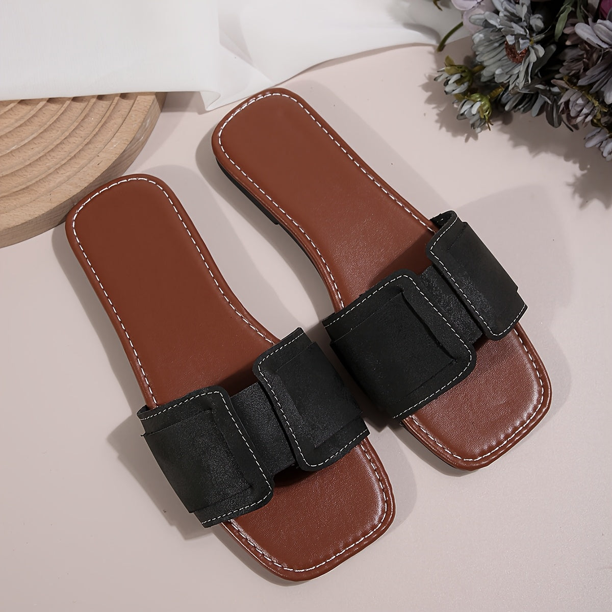 Women Square Toe Slides Summer Flat Heel Beach Shoes