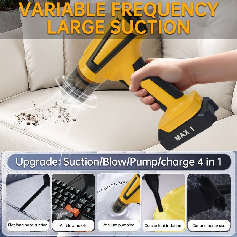 Портативный беспроводной пылесос с бесщеточным мотором мощностью 20000Па и множеством насадок, подходящий для интерьеров автомобилей, домов и офисов. Оснащен возможностью зарядки через USB и прочной конструкцией.