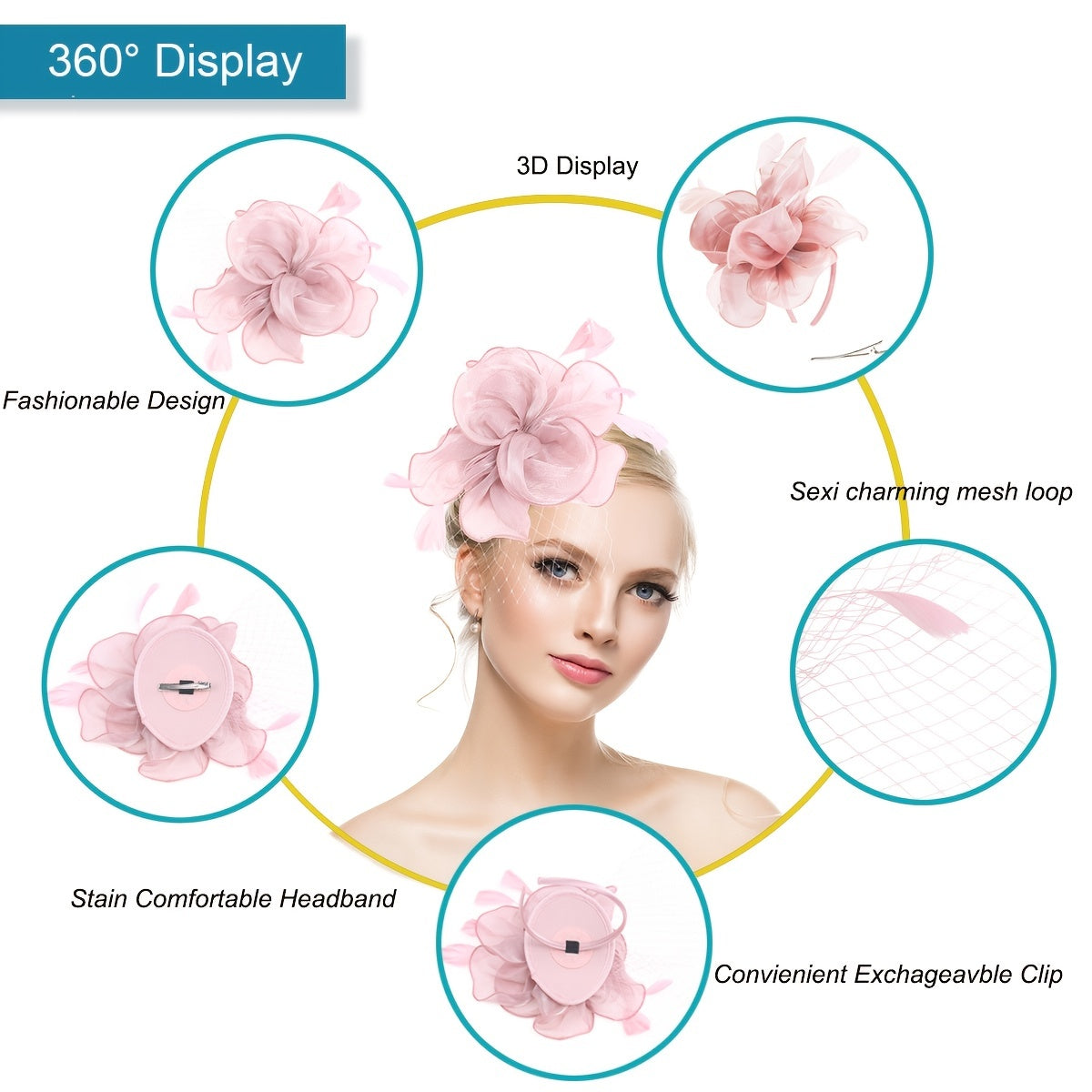 Women's Fascinator Hat with Flower Mesh Feathers Hair Clip for Wedding Tea Party