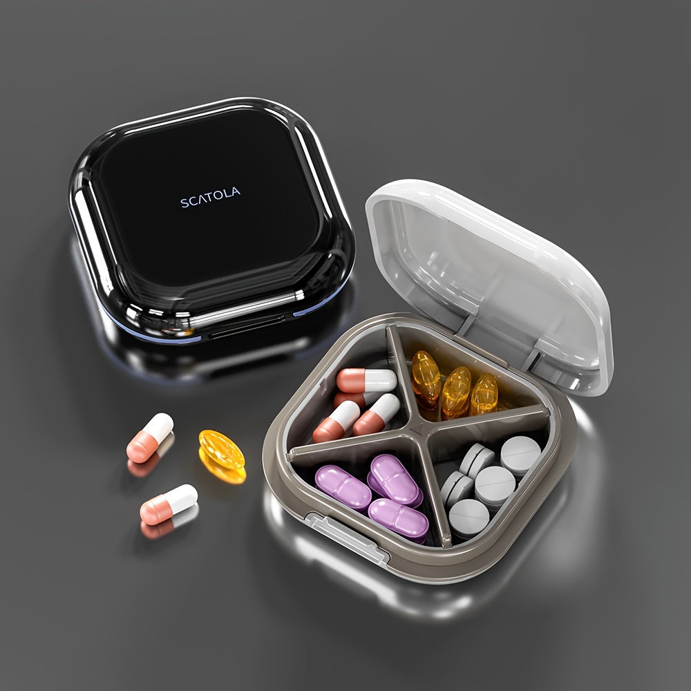 White and Blue 4-Compartment Pill Organizer with Transparent Lid for Travel and Daily Use