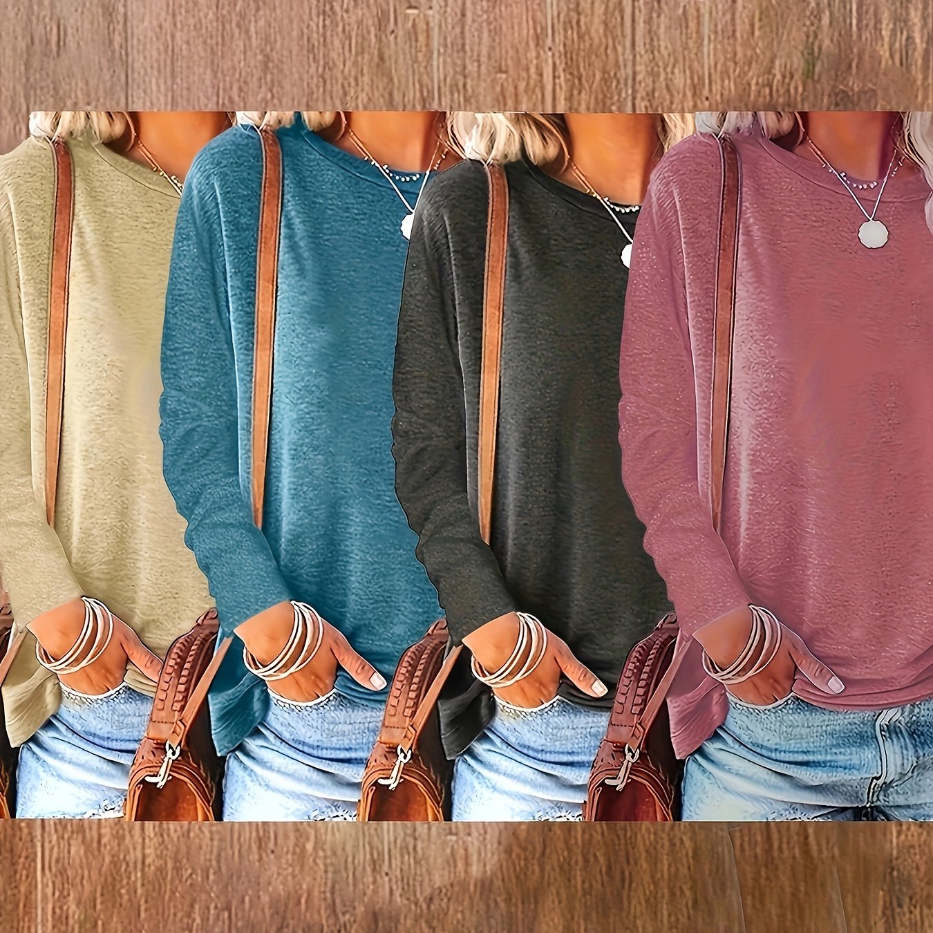 Women's Long Sleeve Cotton Casual Tops 4 Pack Solid Colors Olive Yellow Navy