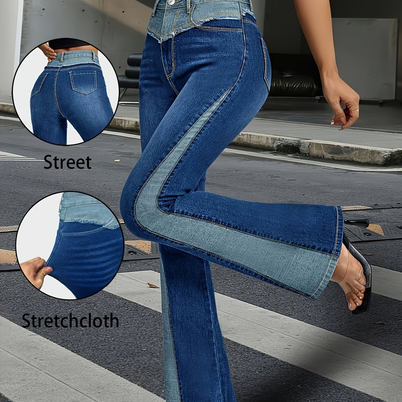 Ayollar uchun katta o'lchamli yuqori belli kengaytirilgan mom jeans denim rangli blokli patchwork bell bottoms