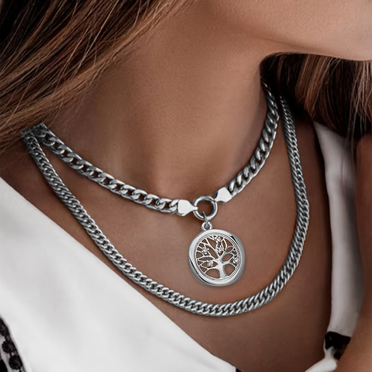 Set of 2 Layered Necklaces with Tree of Life Pendant and Cuban Link Chain