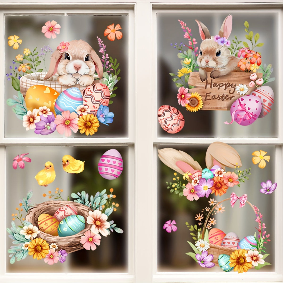 Easter Bunny and Eggs Window Clings Reusable PVC Static Decals 30x60cm
