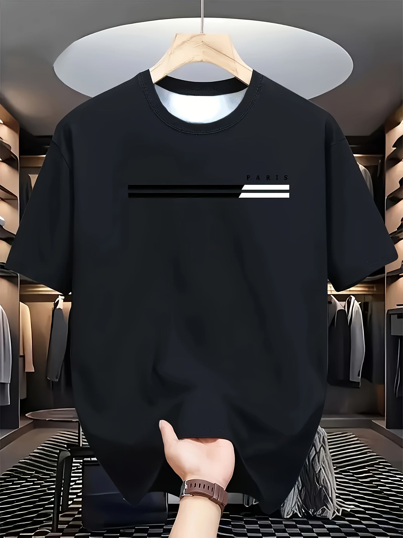 Мужская футболка большого размера для повседневной летней носки, короткий рукав, круглый вырез, полиэстер, трикотаж, черный, принт Париж