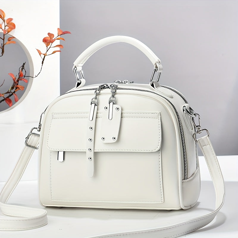 Women's Black PU Casual Shoulder Bag with Zipper Closure and Polyester Lining