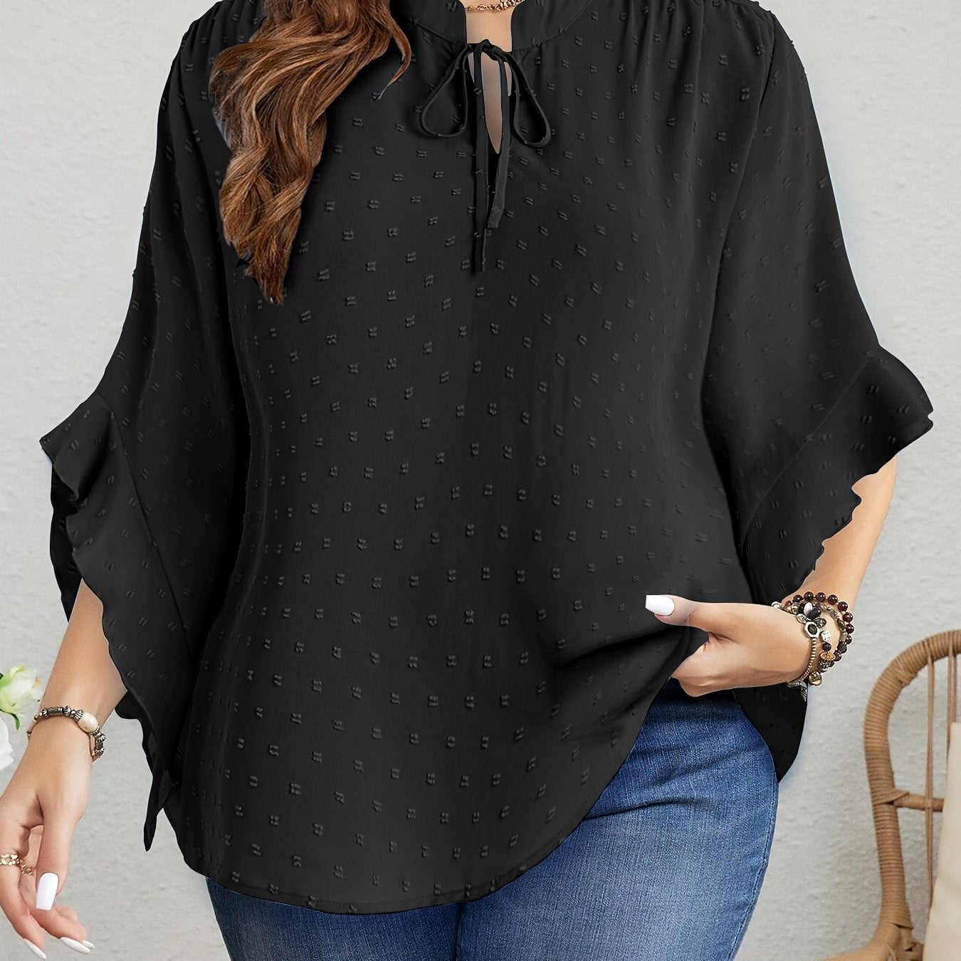 Bej Shveytsariya nuqtali bluz, ruffle bilan bezatilgan, bog'lamali bo'yin, uzun qo'lli, kuz vintage uslub