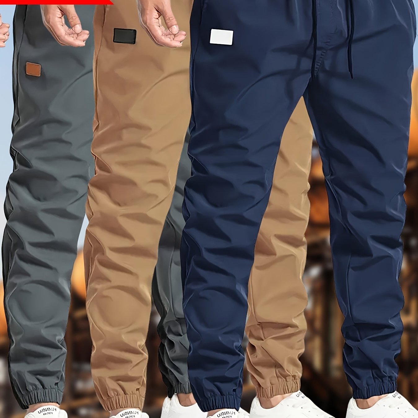 Men's Polyester Drawstring Joggers Casual Cargo Pants in Black Dark Gray Olive Green