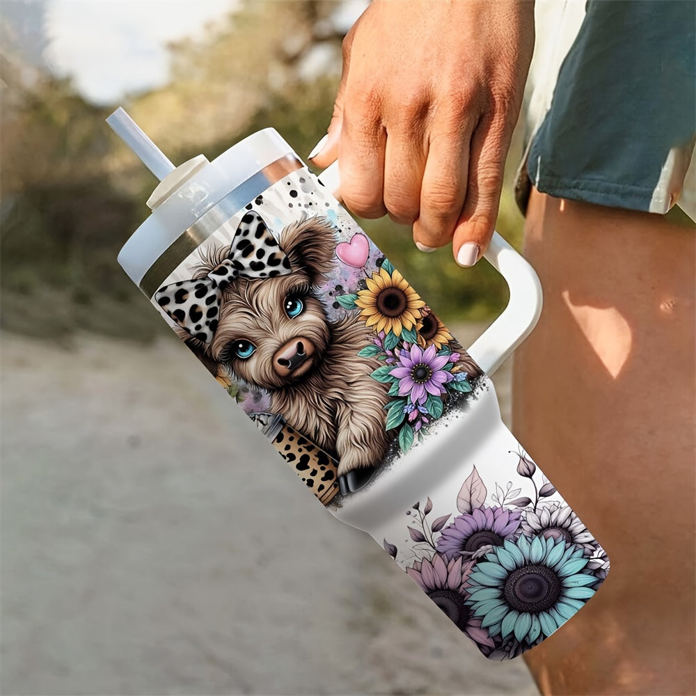 Stainless Steel Travel Mug with Handle and Straw Highland Cow Sunflower Design