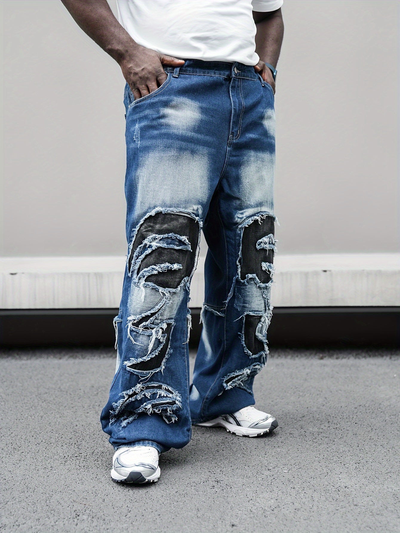 Erkaklar uchun Plus o'lchamdagi to'g'ri oyoqli denim shimlar, geometrik patchwork va yuvilgan to'liq rang