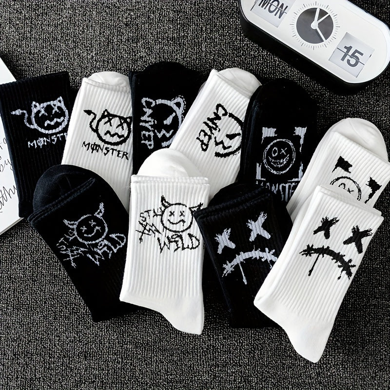 Men's Graffiti Pattern Crew Socks 3/5/8/10 Pairs Breathable Comfortable Outdoor