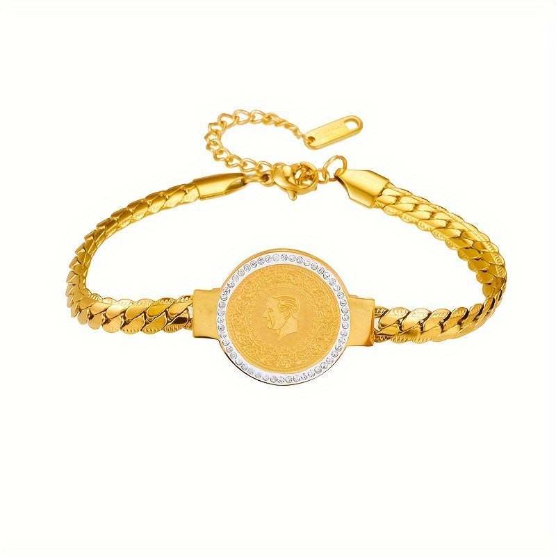 Stylish Gold-Tone Coin Bracelet with Rhinestones for Party and Banquet Outfits