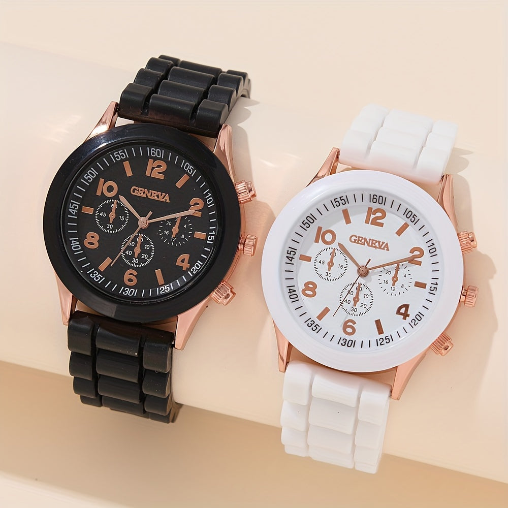 Set of 2 Casual Round Quartz Analog Watches for Him and Her with Silicone Bands