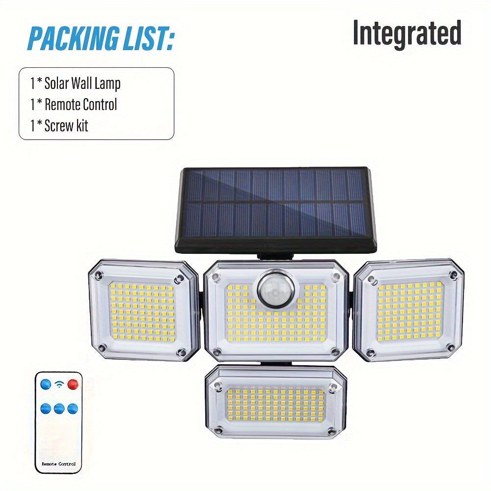 Solar-Powered Outdoor Light with 333 LEDs Motion Sensor Remote Control 4-Head Patio Yard Garage Porch