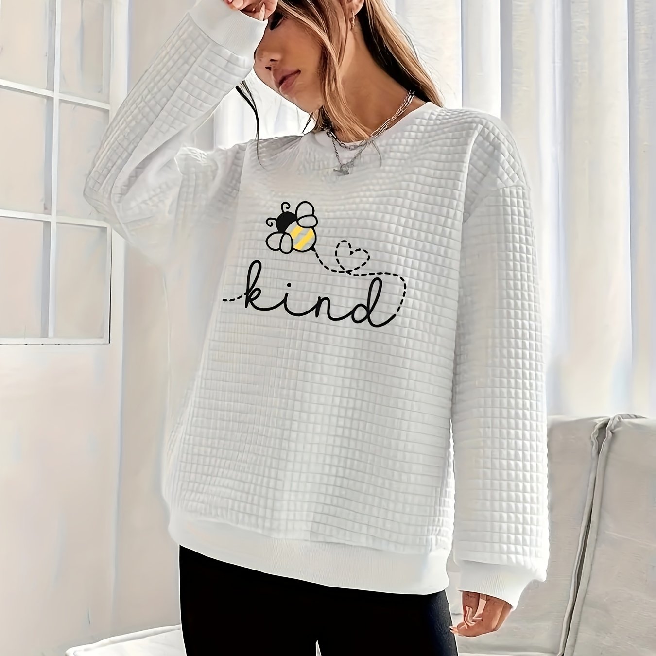 Plus Size ayollar uchun bej geometrik svitshot, kundalik kuz qish pulover