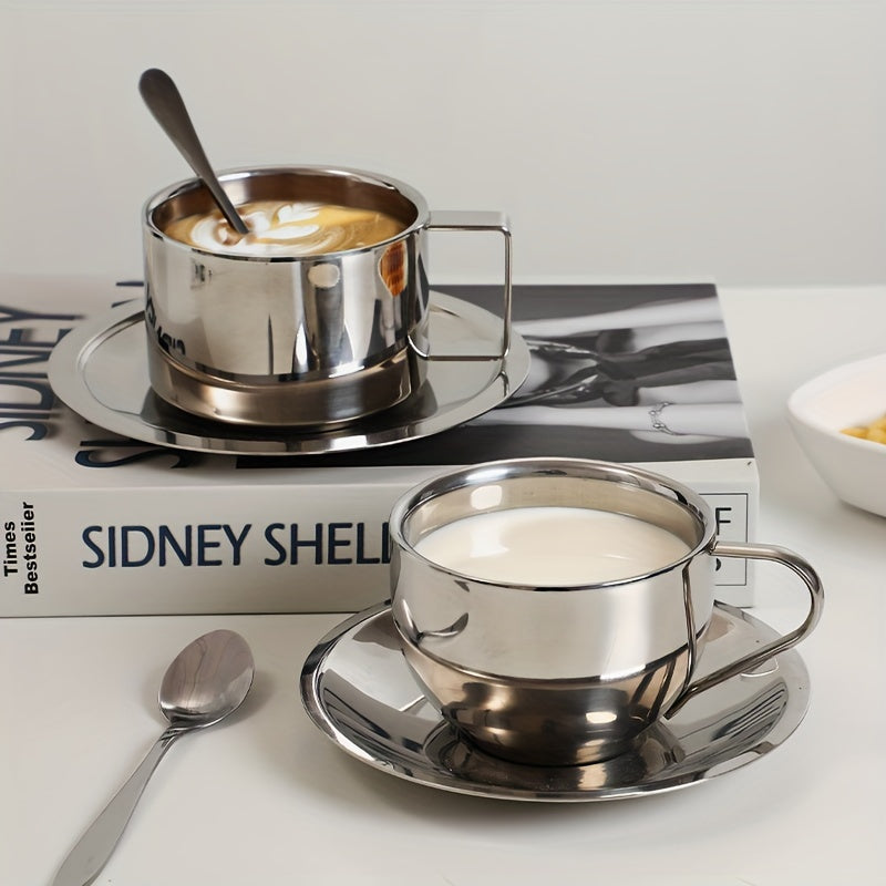 Juego de taza y platillo de acero inoxidable para café para hogar y oficina, 8 oz