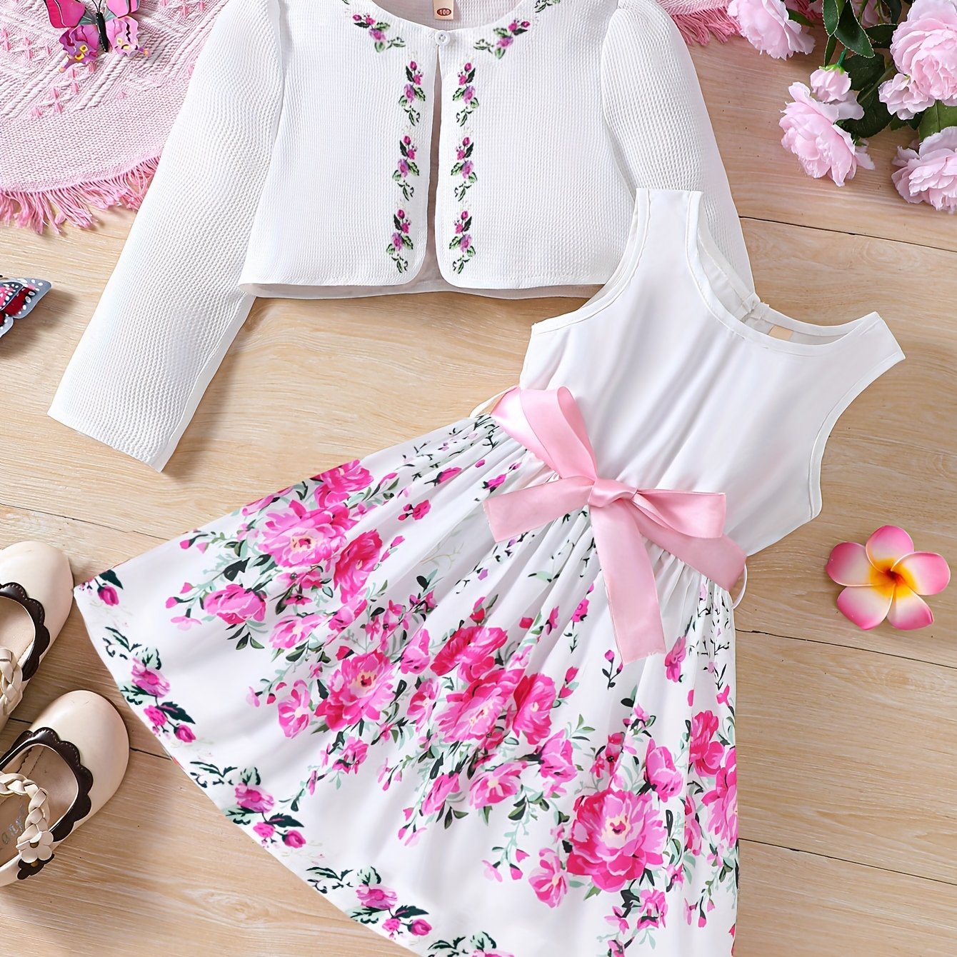 Girls Spring Floral 2-Piece Dress Set with Cardigan Polyester for Outdoor Wear