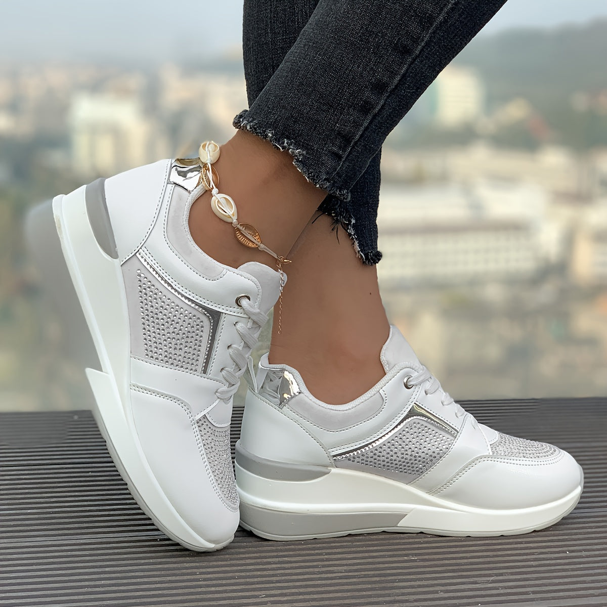 Women's Rhinestone Decor Athletic Shoes, Lace-Up Low Top Running Sneakers, Plus Size