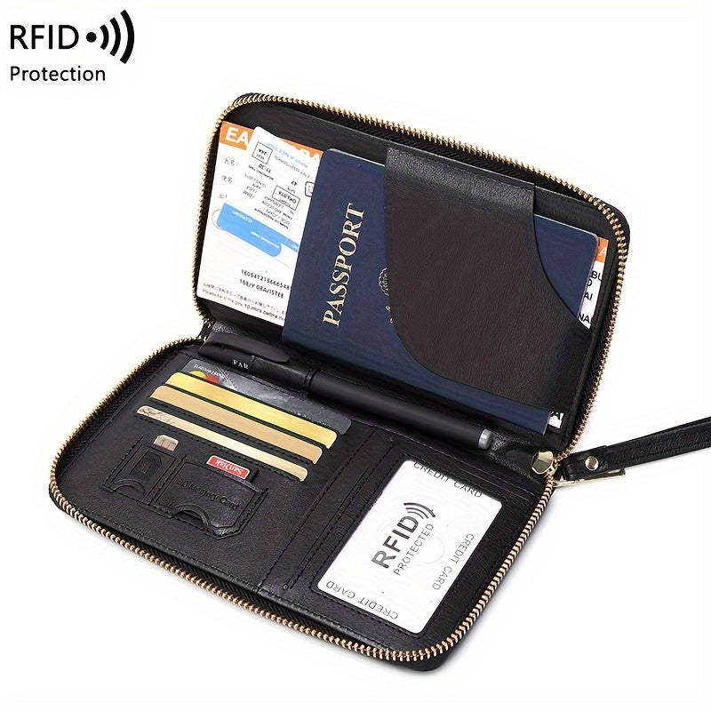 Brown RFID Blocking Travel Wallet with Zipper Closure and Wrist Strap for Passports and Cards
