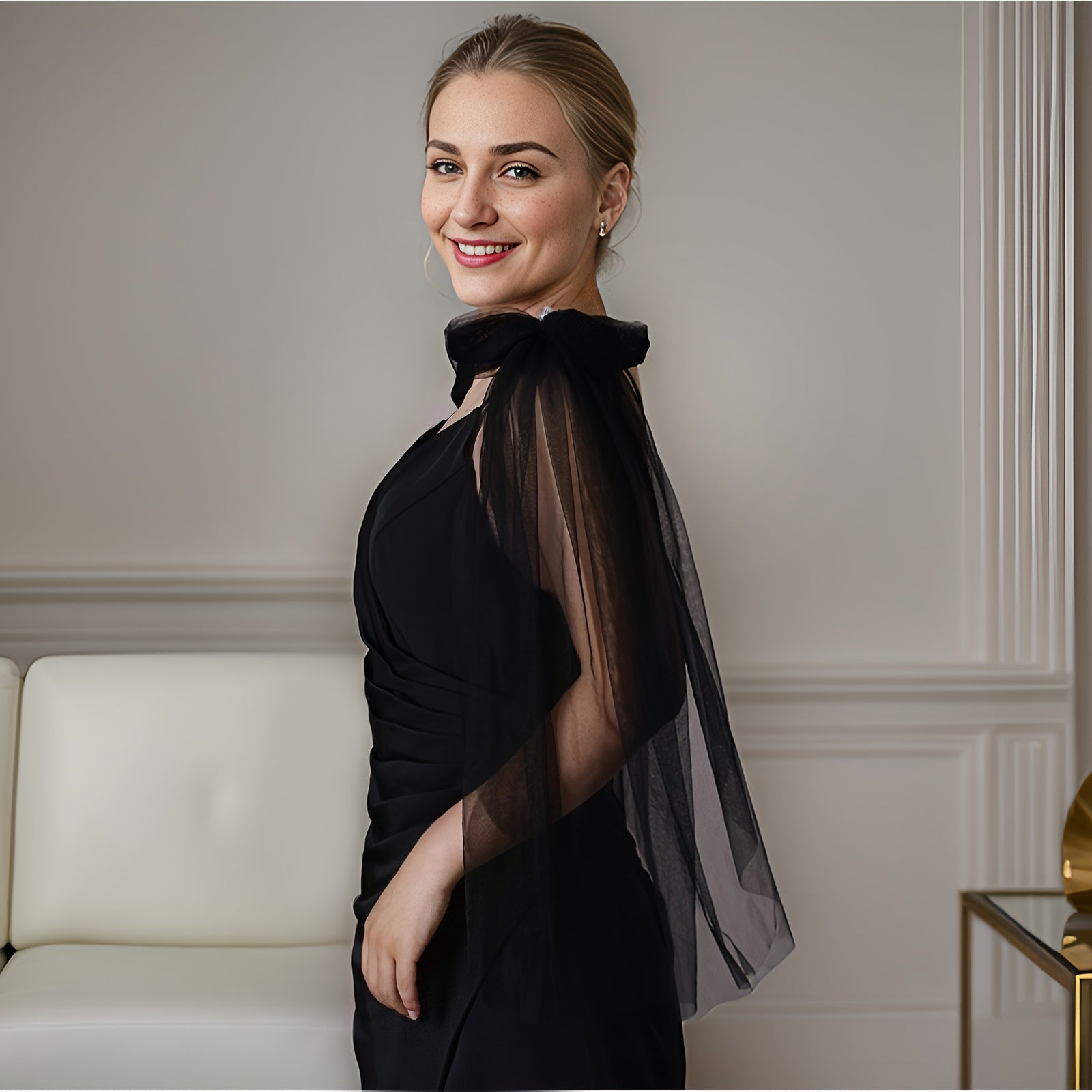 Black Tulle Shawl with Princess Bow Detachable Bridal Party Dress Accessory