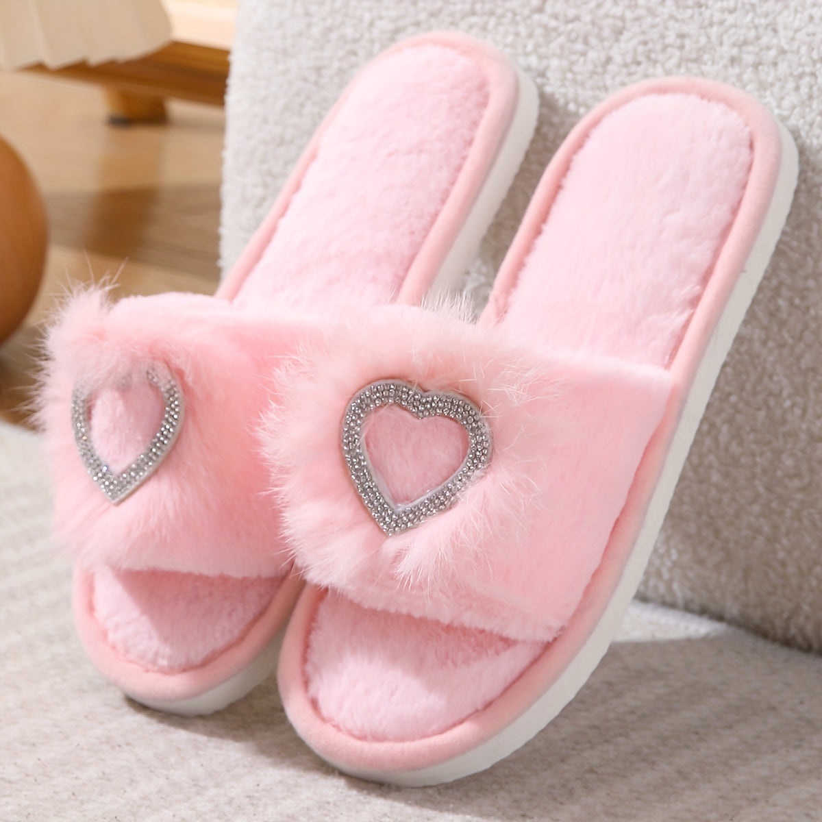 Zapatillas de casa con corazón de strass y peluche, suela de EVA antideslizante para invierno y otoño