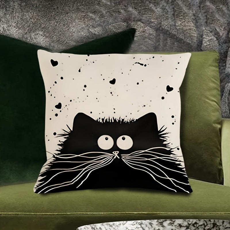 Soft Cotton Cushion Cover with Whimsical Cat Design, Zipper Closure, Easy Care
