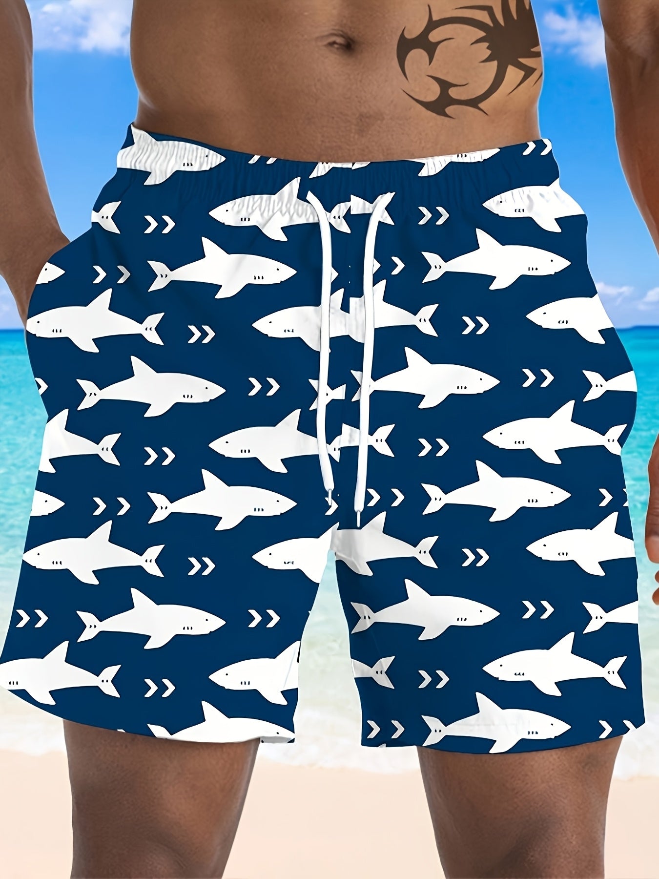 Men's Quick-Dry Ocean Style Swim Shorts with Shark Print Plus Size