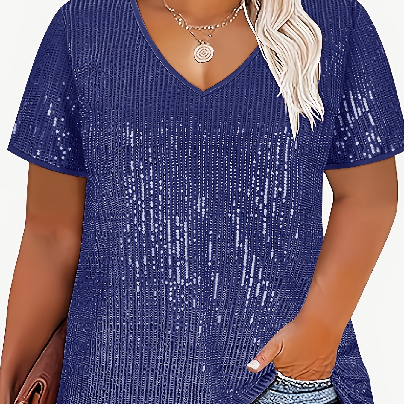 Plus Size Sequin V-Neck Blouse in Gold Yellow Polyester Short Sleeve Elegant