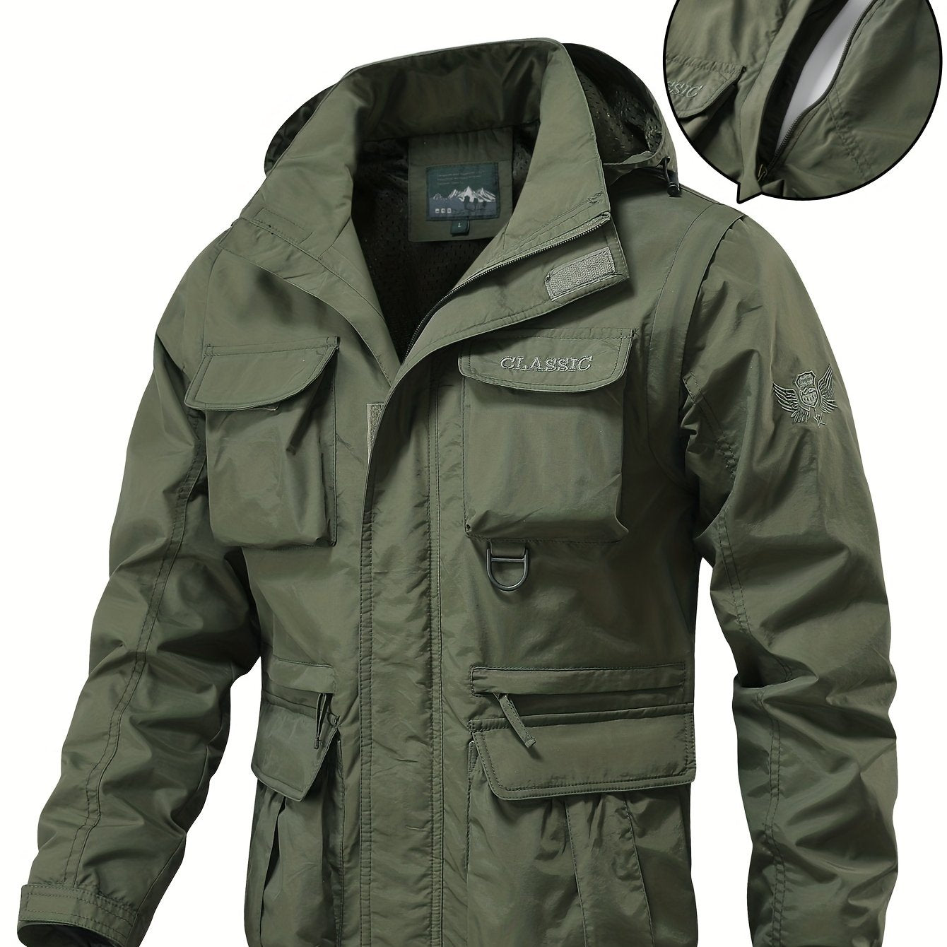 Men's Hooded Windbreaker Jacket with Detachable Hood and Multi Pocket Cargo Vest for Outdoor Activities