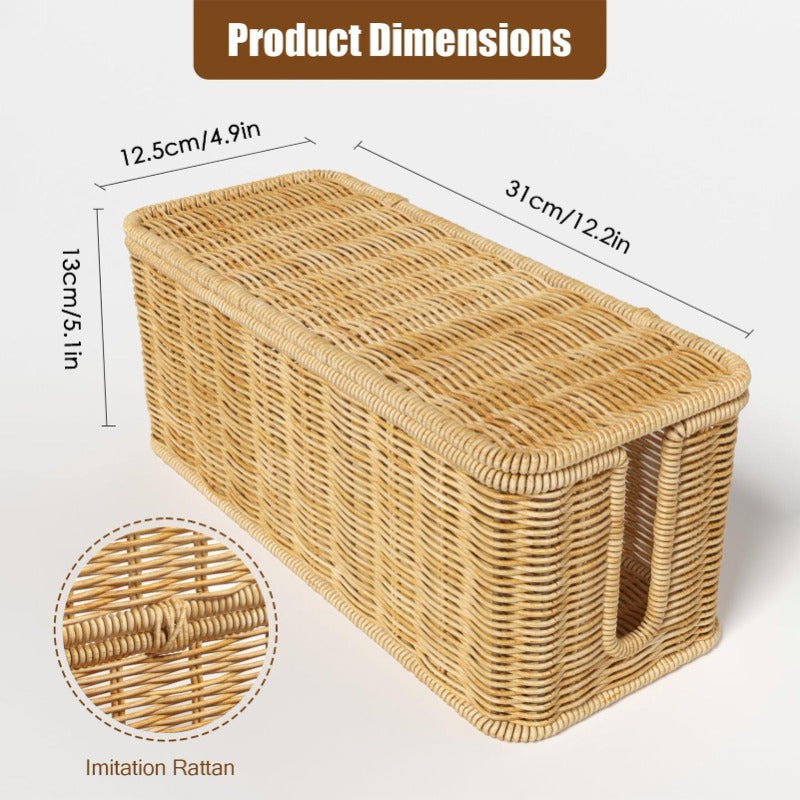 Hand-Woven Imitation Rattan Cable Management Box with Cover for Desk Organizer