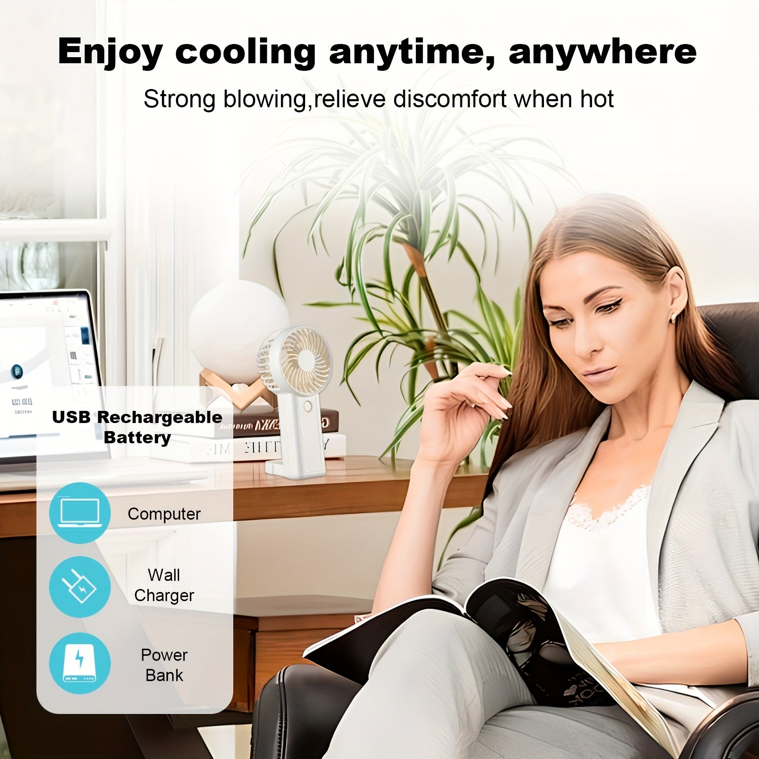 Portable Fan with 3-Speed USB Rechargeable Lithium Battery for Office Travel Outdoor