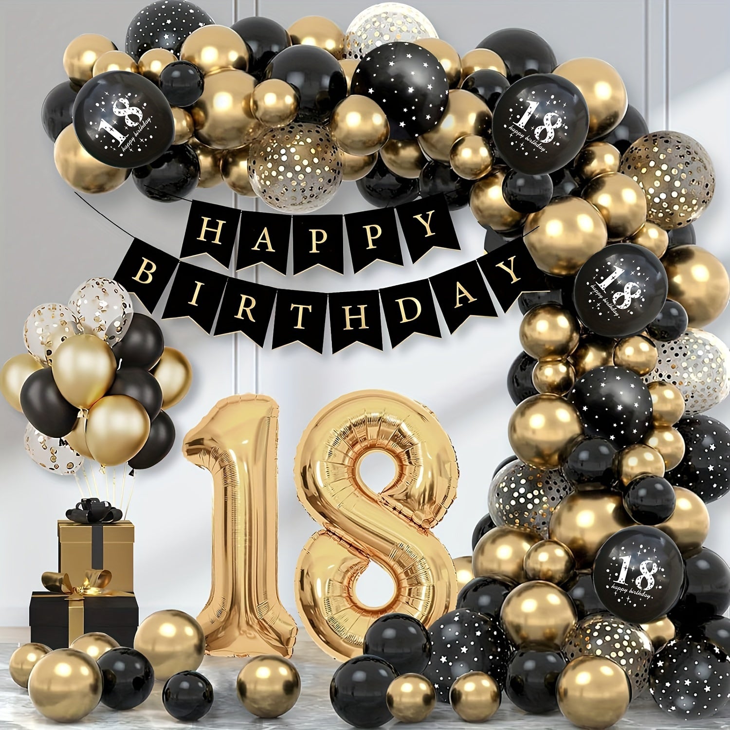 Black and Gold 18th Birthday Balloon Decorations with Banner and Garland
