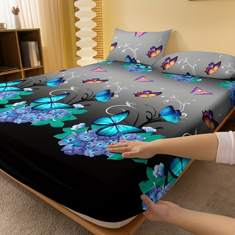 Butterfly Floral Print Fitted Sheet Soft Cozy Bedding Deep Pocket Mattress Protector