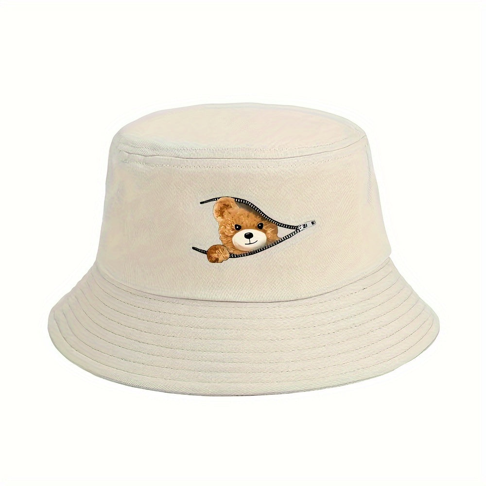 Polyester Bucket Hat with Teddy Bear Print for Outdoor Activities and Sun Protection