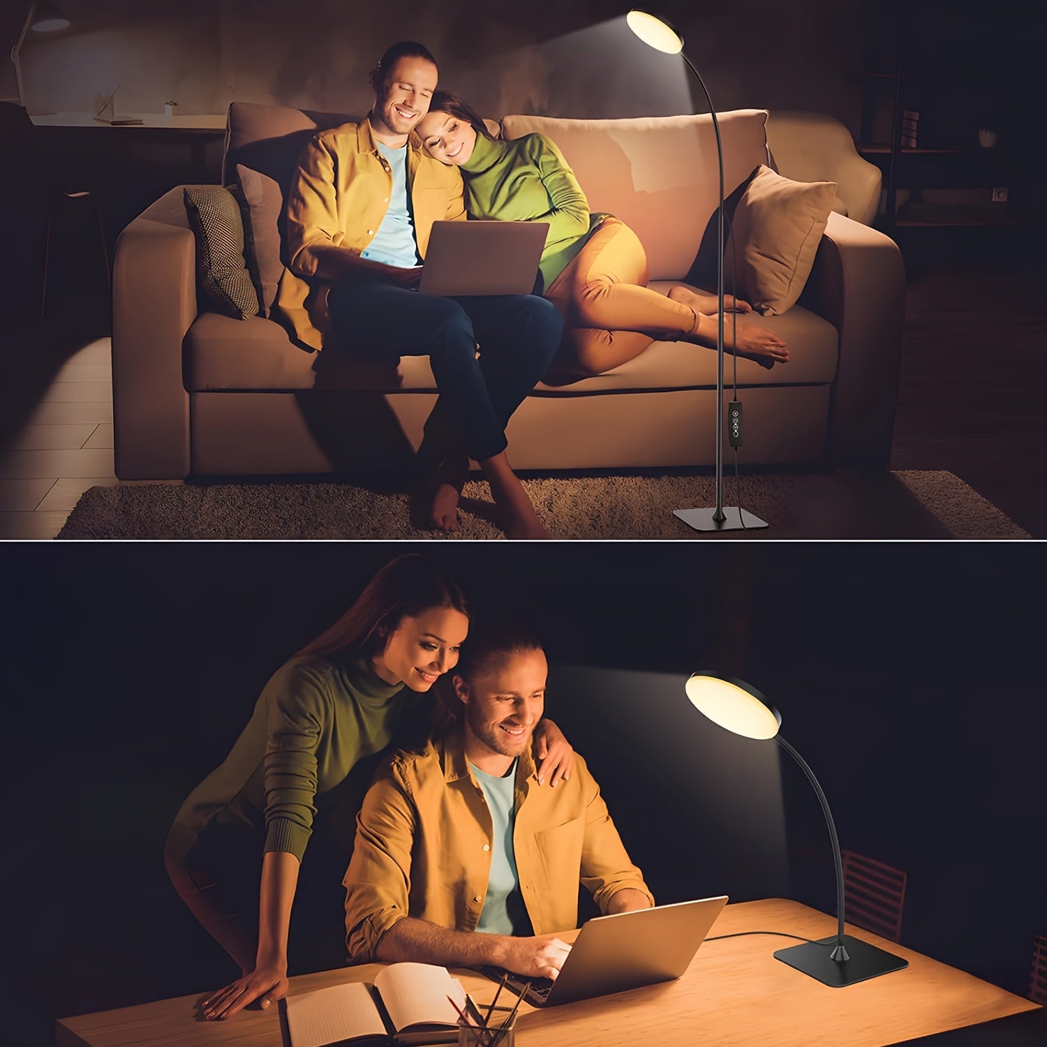 Zamonaviy sozlanadigan LED yerdan lampasi, dumaloq soyali, 3 rangli harorat, USB quvvatlanishi, metall va plastik material, kalit nazorati, bir nechta komponentlar, batareya kiritilmagan.